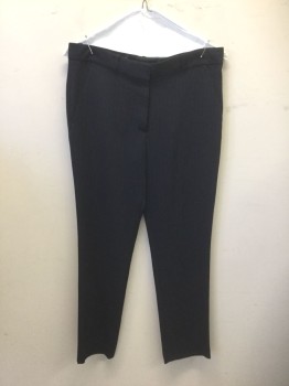 THE ROW, Navy Blue, Lt Gray, Wool, Viscose, Stripes - Pin, Navy with Light Gray Dashed Pinstripes, High Waist, Slim Leg, Zip Fly, Belt Loops, 4 Pockets