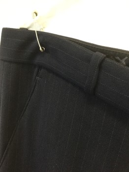 THE ROW, Navy Blue, Lt Gray, Wool, Viscose, Stripes - Pin, Navy with Light Gray Dashed Pinstripes, High Waist, Slim Leg, Zip Fly, Belt Loops, 4 Pockets