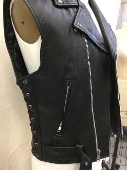JAMIN LEATHER, Black, Leather, Polyester, Solid, Black with BlacK Lining, Motorcycle Style, Collar Attached & Epaulettes with Silver Snaps, Off Side Zip Front, 3 Pockets with Zipper & 1 Pocket with Flap, Belt with Silver Buckle Front Only, Black Side Lacing