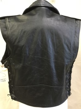 JAMIN LEATHER, Black, Leather, Polyester, Solid, Black with BlacK Lining, Motorcycle Style, Collar Attached & Epaulettes with Silver Snaps, Off Side Zip Front, 3 Pockets with Zipper & 1 Pocket with Flap, Belt with Silver Buckle Front Only, Black Side Lacing