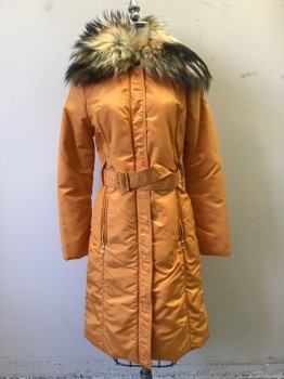 Womens, Coat, Winter, POST CARD, Orange, Nylon, Solid, 2, Zip/Snap Front, Wide Collar Attached, Self Belt, Belt Loops, Knee Length, Epaulets, Button Detachable Fur Collar, Lightly Spotted Center Front,