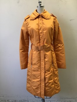 Womens, Coat, Winter, POST CARD, Orange, Nylon, Solid, 2, Zip/Snap Front, Wide Collar Attached, Self Belt, Belt Loops, Knee Length, Epaulets, Button Detachable Fur Collar, Lightly Spotted Center Front,