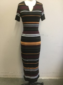 ASOS, Black, Red Burgundy, Olive Green, White, Mustard Yellow, Polyester, Viscose, Stripes - Horizontal , Dress, Black with Olive, Mustard, White, Burgundy Horizontal Stripes, Rib Knit Jersey, Short Sleeves, Scoop Neck with Notch at Center, Ankle Length, Slim Fit