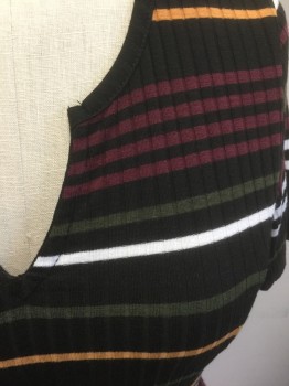 ASOS, Black, Red Burgundy, Olive Green, White, Mustard Yellow, Polyester, Viscose, Stripes - Horizontal , Dress, Black with Olive, Mustard, White, Burgundy Horizontal Stripes, Rib Knit Jersey, Short Sleeves, Scoop Neck with Notch at Center, Ankle Length, Slim Fit