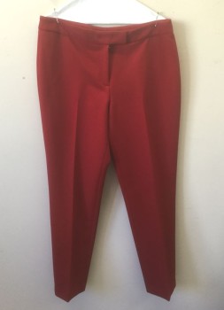 ANNE KLEIN, Red, Polyester, Elastane, Solid, Mid Rise, Tapered Leg, Zip Fly, 1.5" Wide Self Waistband with Tab Closure at Center Front, 2 Welt Pockets in Back