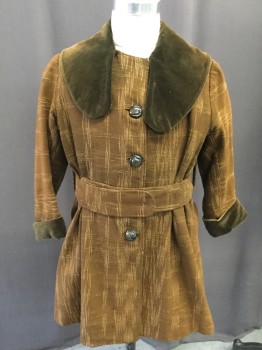 Childrens, Coat 1890s-1910s, MTO, Caramel Brown, Brown, Wool, Silk, Solid, Plaid, C:32, Button Front, Velvet Shawl Collar/cuffs, Belt