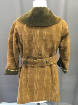 Childrens, Coat 1890s-1910s, MTO, Caramel Brown, Brown, Wool, Silk, Solid, Plaid, C:32, Button Front, Velvet Shawl Collar/cuffs, Belt