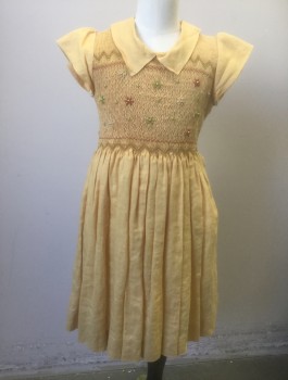 Childrens, Party Dress, MTO, Amber Yellow, Olive Green, Rust Orange, Linen, Solid, Floral, C:25", Girl's, Cap Sleeves, Collar Attached, Smocked Chest with Olive and Rust Flowers, Zig Zags, Small Gold Beads, Gathered at Waist, Button Closures in Back, Self Belt Attached,