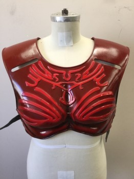 Mens, Breastplate, MTO, Red, Dk Red, Fiberglass, Leather, Solid, S/M, Red/Dark Red, Molded Chest, Black Leather Cross Panel Back with Belt Closures, 2 Rounded Line Holes Below Clavicle