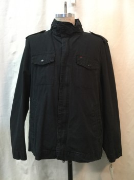 LEVI'S, Black, Cotton, Solid, Black, Zip & Button Front, 4 Pockets, Zip Collar with Hood Inside, Epaulets