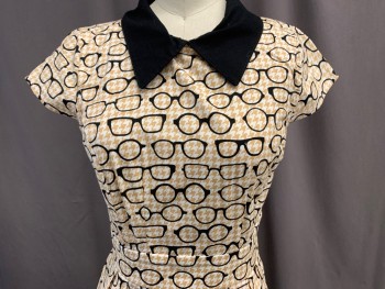 FERVOUR, Black, Khaki Brown, White, Cotton, Houndstooth, Novelty Pattern, Self Glasses Print, Attached Long Point Collar, Cap Sleeve, Princess Seams Bodice, 2" Waistband, \ Fit and Flare Pleated Skirt, Side Zipper Closure, Center Back 2 Button Keyhole Closure, Above the Knee Length