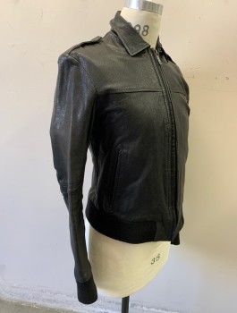 LEVI'S BLUE, Black, Leather, Solid, Zip Front, Collar Attached, Epaulettes at Shoulder, Rib Knit Waist and Cuffs, 3 Pockets Including 1 Zip Pocket on Left Sleeve