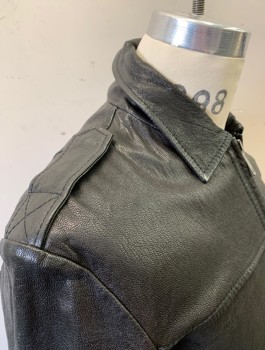 LEVI'S BLUE, Black, Leather, Solid, Zip Front, Collar Attached, Epaulettes at Shoulder, Rib Knit Waist and Cuffs, 3 Pockets Including 1 Zip Pocket on Left Sleeve