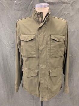 LUCKY, Dk Olive Grn, Cotton, Solid, Zip Front with Snap Placket, Stand Collar, 4 Pockets, Long Sleeves