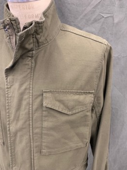 LUCKY, Dk Olive Grn, Cotton, Solid, Zip Front with Snap Placket, Stand Collar, 4 Pockets, Long Sleeves