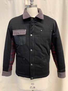 N/L, Black, Gray, Red, Slate Gray, Cotton, Viscose, Color Blocking, Solid Black Front/Sleeves, Zip/Snap Front, Collar Attached, Slate Gray Corduroy Under Collar/Cuff/1 Flap Pocket, Black Leather Back Yoke (small Tear), Gray Herringbone Back, Red/Gray/Black Plaid Undersleeve