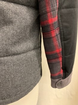N/L, Black, Gray, Red, Slate Gray, Cotton, Viscose, Color Blocking, Solid Black Front/Sleeves, Zip/Snap Front, Collar Attached, Slate Gray Corduroy Under Collar/Cuff/1 Flap Pocket, Black Leather Back Yoke (small Tear), Gray Herringbone Back, Red/Gray/Black Plaid Undersleeve