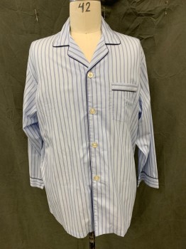 BROOKS BROTHERS, Lt Blue, Blue, Black, Cotton, Stripes - Vertical , Button Front, Collar Attached, Notched Lapel, Black Piping Trim, 1 Pocket, Long Sleeves