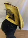 Womens, Historical Fiction Hat, N/L MTO, Acid Green, Dk Purple, Black, Brown, Straw, Feathers, Straw with Taxidermied Bird with Brown and Turquoise Feathers, Brown Netting "Birds Nest" with Pearl Beads As "Eggs", Black Beaded Brooch Detail, Sculptural Curved Shape, Made To Order Victorian Reproduction