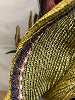 Womens, Historical Fiction Hat, N/L MTO, Acid Green, Dk Purple, Black, Brown, Straw, Feathers, Straw with Taxidermied Bird with Brown and Turquoise Feathers, Brown Netting "Birds Nest" with Pearl Beads As "Eggs", Black Beaded Brooch Detail, Sculptural Curved Shape, Made To Order Victorian Reproduction