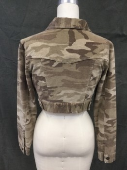CATO, Brown, Tan Brown, Lt Brown, Cotton, Spandex, Camouflage, Corduroy Camouflage, Button Front, Collar Attached, Crop, Long Sleeves, Button Cuff, 2 Flap Pockets, Yoke, Button Tabs Back Waistband