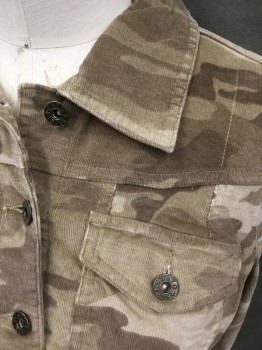 CATO, Brown, Tan Brown, Lt Brown, Cotton, Spandex, Camouflage, Corduroy Camouflage, Button Front, Collar Attached, Crop, Long Sleeves, Button Cuff, 2 Flap Pockets, Yoke, Button Tabs Back Waistband