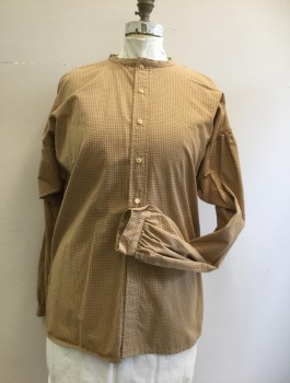 MR. LEE, Ochre Brown-Yellow, Tan Brown, Cotton, Check , Round Neck,  Button Front, Long Sleeves with Button Cuffs, Drop Shoulders, Armpit Gusset, Multiple