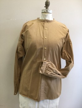MR. LEE, Ochre Brown-Yellow, Tan Brown, Cotton, Check , Round Neck,  Button Front, Long Sleeves with Button Cuffs, Drop Shoulders, Armpit Gusset, Multiple