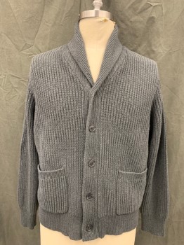 J CREW, Gray, Cotton, Solid, Shawl Collar, Button Front, 5 Buttons, 2 Pockets