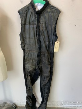 Mens, Jumpsuit, MTO, Charcoal Gray, Black, Olive Green, Brown, Nylon, Leather, Mottled, Camouflage, 40, Zip Front, Stand Collar, Leather Insets, Rib Knit Outseams, Aged/Distressed,  Faded Camo on Pants, Cut Off Sleeves, 4 Pockets,