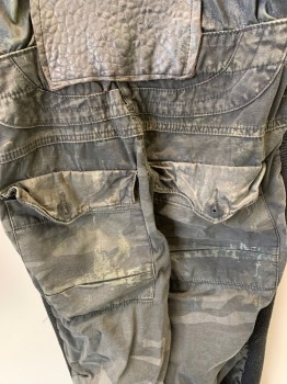 Mens, Jumpsuit, MTO, Charcoal Gray, Black, Olive Green, Brown, Nylon, Leather, Mottled, Camouflage, 40, Zip Front, Stand Collar, Leather Insets, Rib Knit Outseams, Aged/Distressed,  Faded Camo on Pants, Cut Off Sleeves, 4 Pockets,