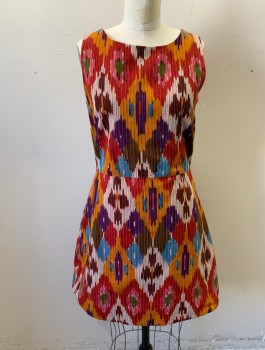 Womens, Dress, Sleeveless, DEBRA MCGUIRE MTO, Multi-color, Purple, Orange, Red, Pink, Cotton, Ikat, W:31, B:34, H:40, Bateau/Boat Neck, A-Line, Hem Above Knee,  Invisible Zipper in Back, Made To Order