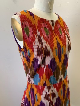 Womens, Dress, Sleeveless, DEBRA MCGUIRE MTO, Multi-color, Purple, Orange, Red, Pink, Cotton, Ikat, W:31, B:34, H:40, Bateau/Boat Neck, A-Line, Hem Above Knee,  Invisible Zipper in Back, Made To Order
