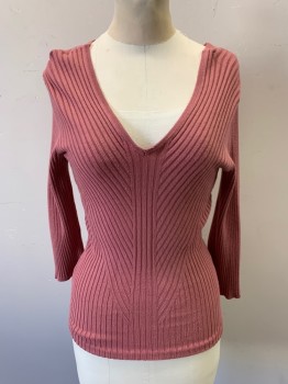 7th AVE DESIGN STUDI, Mauve Pink, Solid, Rib Knit,  V-neck, Has Been Taken In, and Hemmed, Long Sleeves,