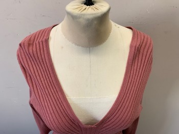 7th AVE DESIGN STUDI, Mauve Pink, Solid, Rib Knit,  V-neck, Has Been Taken In, and Hemmed, Long Sleeves,