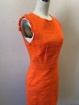 Womens, Dress, Sleeveless, J CREW, Coral Orange, Cotton, Solid, Sz.2, Boucle, Round Neck, Frayed Detail and Grosgrain Trim at Arm Openings and Hem, Sheath Dress, 1" Wide Self Waistband, Knee Length, Exposed Gold Zipper in Back