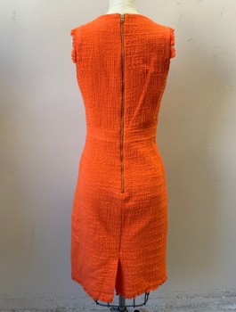 Womens, Dress, Sleeveless, J CREW, Coral Orange, Cotton, Solid, Sz.2, Boucle, Round Neck, Frayed Detail and Grosgrain Trim at Arm Openings and Hem, Sheath Dress, 1" Wide Self Waistband, Knee Length, Exposed Gold Zipper in Back