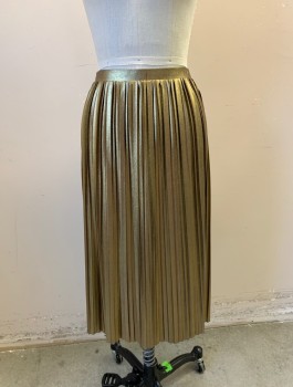 Womens, Skirt, Knee Length, TOPSHOP, Gold, Polyester, Solid, Sz.2, Lamé, Chemically Set Pleats, 1" Wide Elastic Waistband