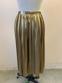 TOPSHOP, Gold, Polyester, Solid, Lamé, Chemically Set Pleats, 1" Wide Elastic Waistband