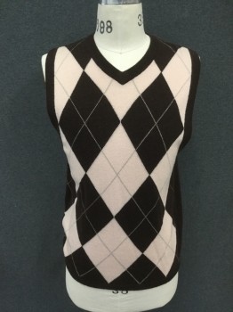 Mens, Sweater Vest, VIP ACCESS, Chocolate Brown, Ballet Pink, Gray, Wool, Nylon, Argyle, M, Argyle Front, Solid Chocolate Back, V-neck, Solid Chocolate Ribbed Knit V-neck/Armholes/Waistband