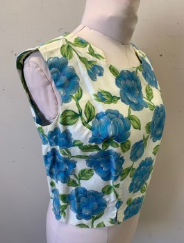 JOYCE LANE, White, Blue, Green, Purple, Cotton, Floral, Sleeveless, Bateau Neck with Stand Collar, Buttons in Back