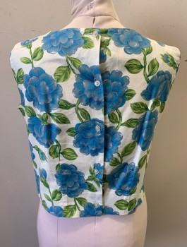 JOYCE LANE, White, Blue, Green, Purple, Cotton, Floral, Sleeveless, Bateau Neck with Stand Collar, Buttons in Back