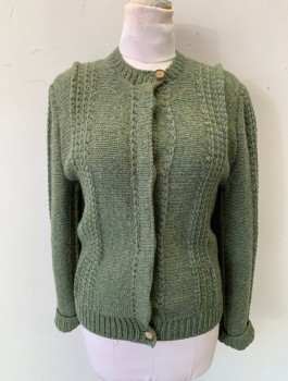 Womens, Sweater, N/L, Sage Green, Wool, Heathered, B:38, Cardigan, Chunky Knit with Vertical Stripes/Ribs, 6 Antler Buttons, Covered Placket