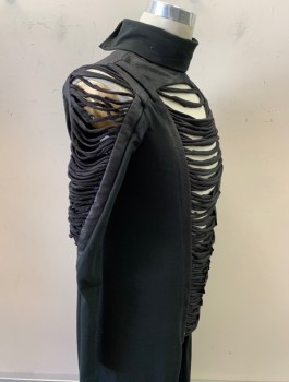Unisex, Sci-Fi/Fantasy Top, N/L MTO, Black, Synthetic, Solid, C:36, Jersey, L/S, Open with Textured Spandex Straps Down CF and Sleeve Outseams/Shoulder, Turtle Neck, Cuts Off at Waist Except for Sides Where It's Long/Ankle Length, Made To Order