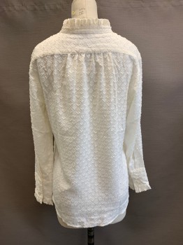 BANANA REPUBLIC, White, Polyester, Solid, Ruffled Band Collar, Button Front, L/S, Textured