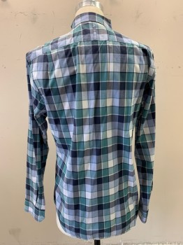 BANANA REPUBLIC, Teal Green, Sage Green, Navy Blue, Gray, White, Cotton, Plaid, Collar Attached, Button Down Collar, Button Front, Long Sleeves