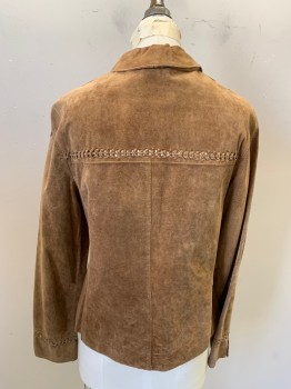 Womens, Leather Jacket, N/L, Tan Brown, Suede, Solid, B32, Button Front, Braided Suede in Yoke Front & Back