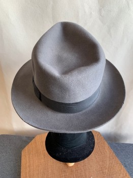 Mens, Fedora, AKUBRA, Gray, Wool, Solid, 57, 7 1/8, Felted Wool, Solid Black Ribbon Hat Band with Bow
