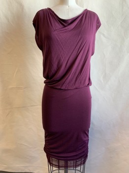 ALICE & OLIVIA, Aubergine Purple, Rayon, Solid, Draped Scoop Neck, Gathered at Elastic Waistband, Mesh Separate Tank Lining, Open Back with Snap at Top, Zip Back, Skirt with Ruched Side Seams at Hem, Mesh Hem Trim