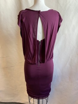 ALICE & OLIVIA, Aubergine Purple, Rayon, Solid, Draped Scoop Neck, Gathered at Elastic Waistband, Mesh Separate Tank Lining, Open Back with Snap at Top, Zip Back, Skirt with Ruched Side Seams at Hem, Mesh Hem Trim